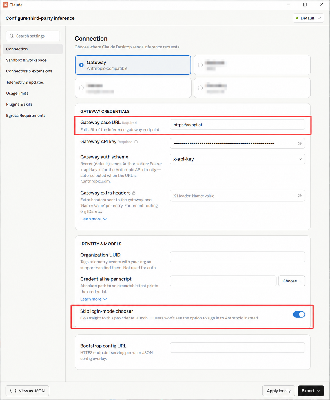 Claude Desktop 的 Gateway 地址与密钥表单